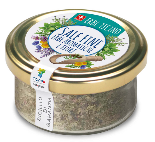 Erbe di Ticino Kräutersalz mit Blüten (Sale fine erbe aromatiche e Fiori) - Chuchichäschtli - Feines aus der Schweiz